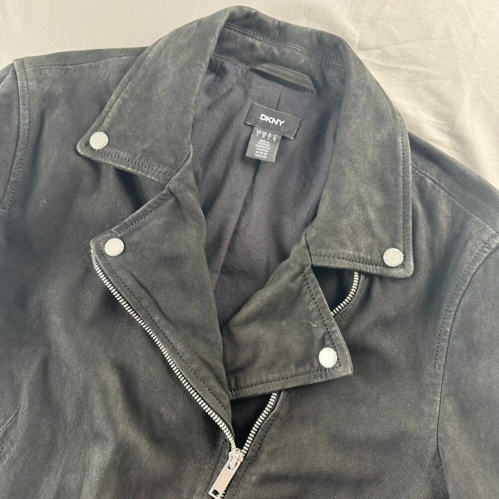DKNY Jeans Women's Leather Jacket Moto Biker Short Zip-Details Pockets Black L